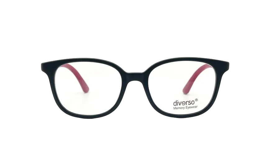 Black rectangular eyeglasses with pink inner temple arms and a 'divorso Memory Glasses' logo on the lower right frame, shown against a plain white background.