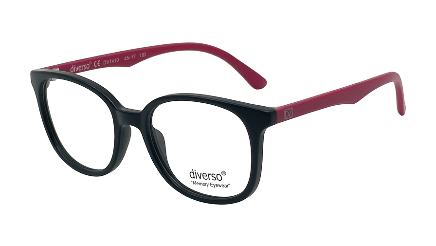 A pair of children's eyeglasses with a thick black front frame and dark red temples, shown on a plain white background.