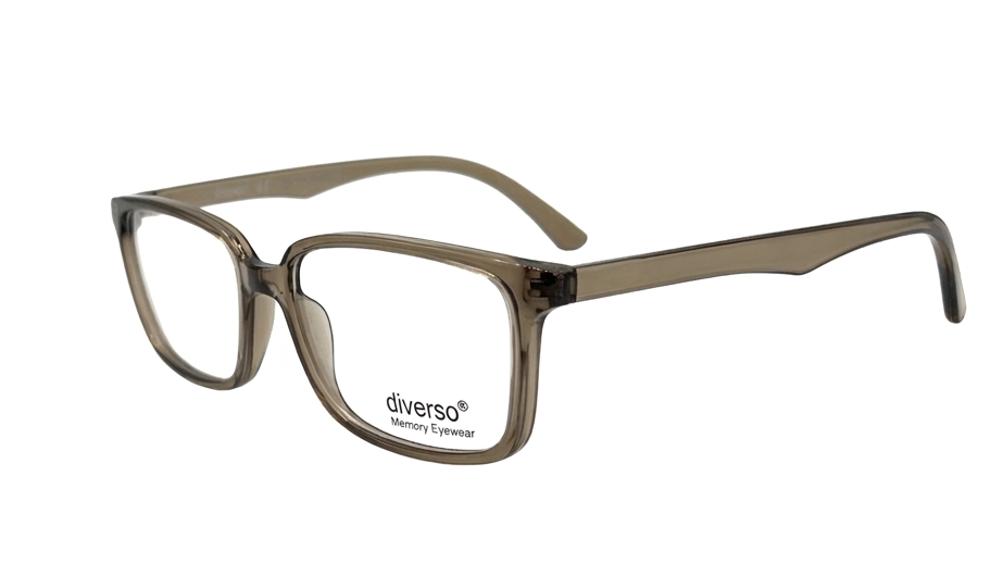 A pair of translucent smoky brown acetate eyeglasses frames with a square-to-rectangular shape, shown from a three-quarters angle on a plain white background.