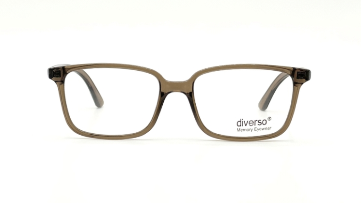 A pair of rectangular eyeglasses with a translucent brown acetate frame, featuring clear lenses and the 'diverso Memory Eyewear' logo printed on the lower right lens, set against a plain white background.