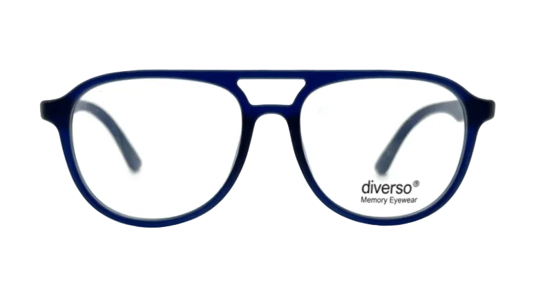 A pair of aviator-style eyeglasses with a translucent dark blue acetate frame and clear lenses, featuring the 'diverso Memory Eyewear' logo on the lower right lens, set against a plain white background.
