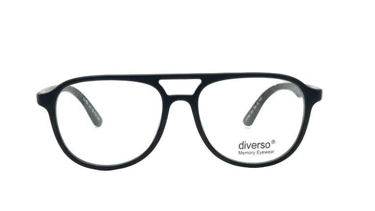 A pair of black aviator-style eyeglass frames with clear lenses, featuring the 'diverso Memory Eyewear' logo on the lower right lens, set against a plain white background.