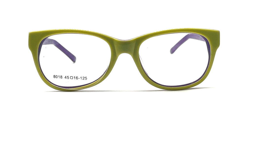 Oversized square eyeglasses with a bright olive green frame and clear lenses, featuring purple temple tips and black printed model numbers on the left lens.