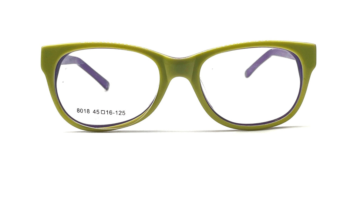 Oversized square eyeglasses with a bright olive green frame and clear lenses, featuring purple temple tips and black printed model numbers on the left lens.