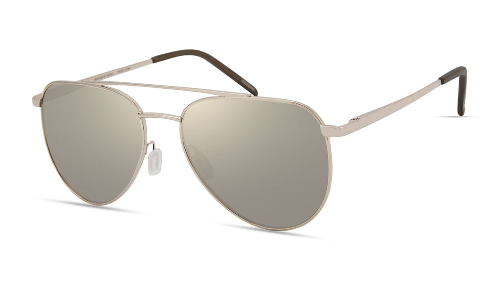 A pair of aviator-style sunglasses with a thin champagne gold metal frame and mirrored silver lenses, shown on a clean white background.