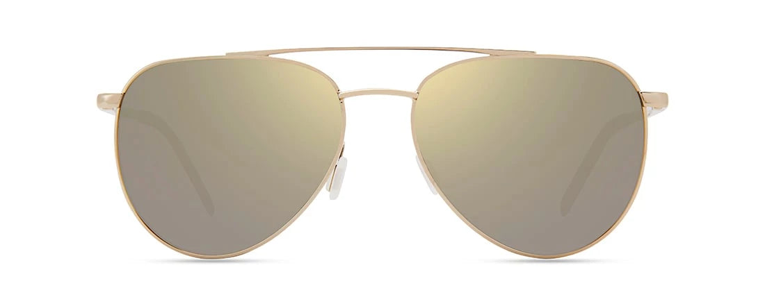 A pair of classic aviator sunglasses with a thin gold metal frame and mirrored lenses that reflect a warm champagne-gold hue, shown against a solid white background.