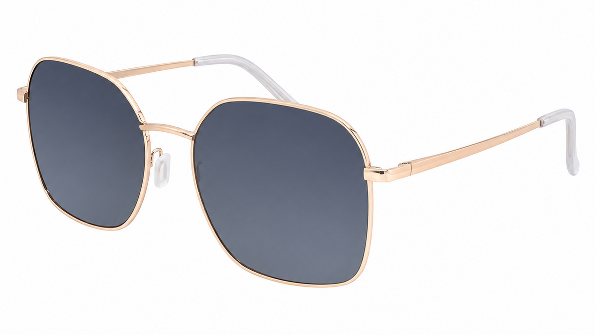 A pair of aviator-style sunglasses with a thin rose gold metal frame, dark gray lenses, and white temple tips, shown on a plain white background.