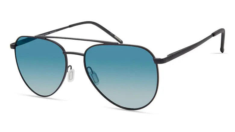 A pair of aviator-style sunglasses with a thin black metal frame and gradient blue lenses, shown on a plain white background.