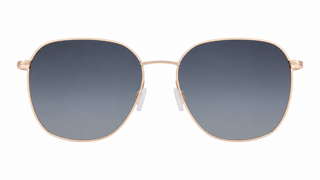  square sunglasses with a light gold metal frame and dark gray gradient lenses, shown from the front on a solid white background.