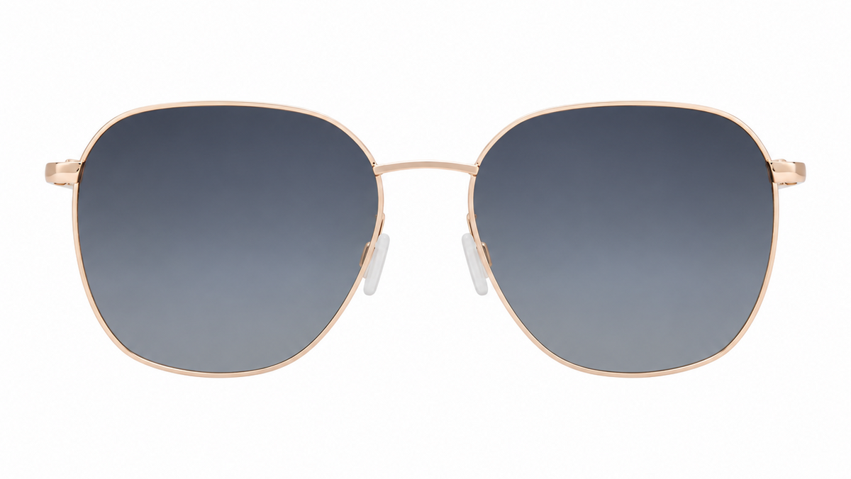 square sunglasses with a light gold metal frame and dark gray gradient lenses, shown from the front on a solid white background.