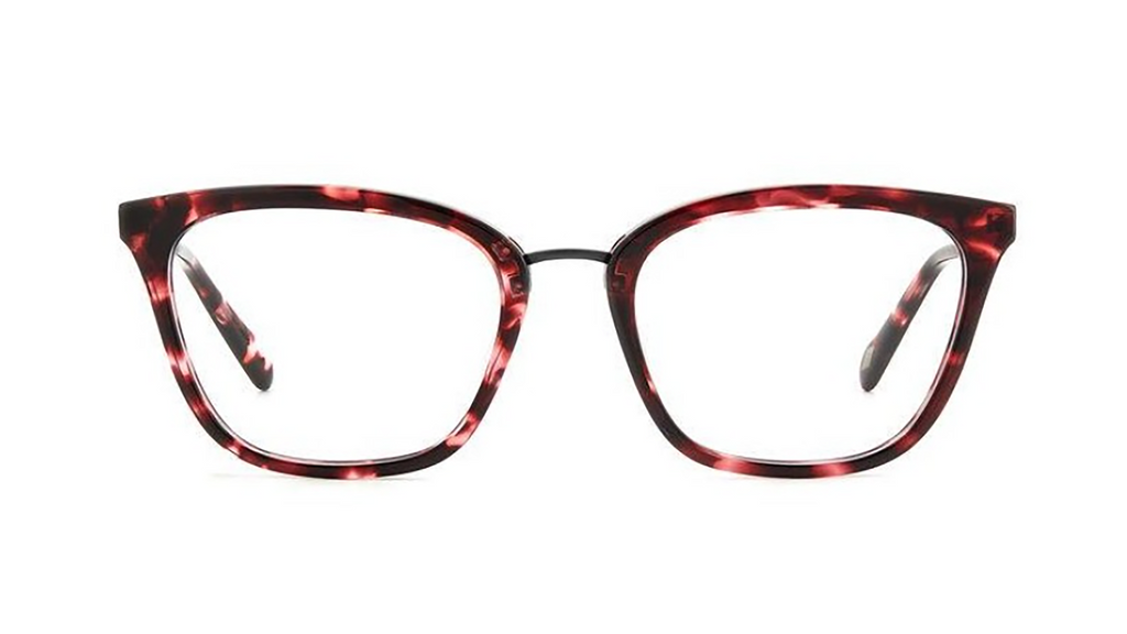 A pair of cat-eye eyeglasses featuring a dark red and black tortoiseshell acetate frame with clear lenses, shown against a plain white background.