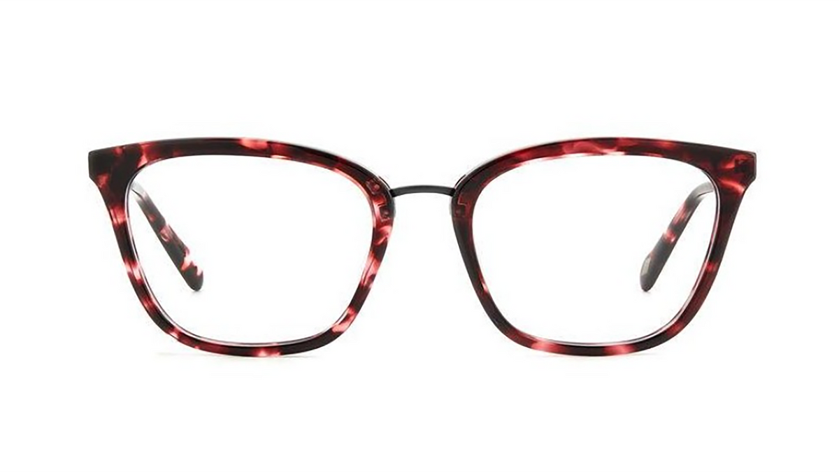 A pair of cat-eye eyeglasses featuring a dark red and black tortoiseshell acetate frame with clear lenses, shown against a plain white background.