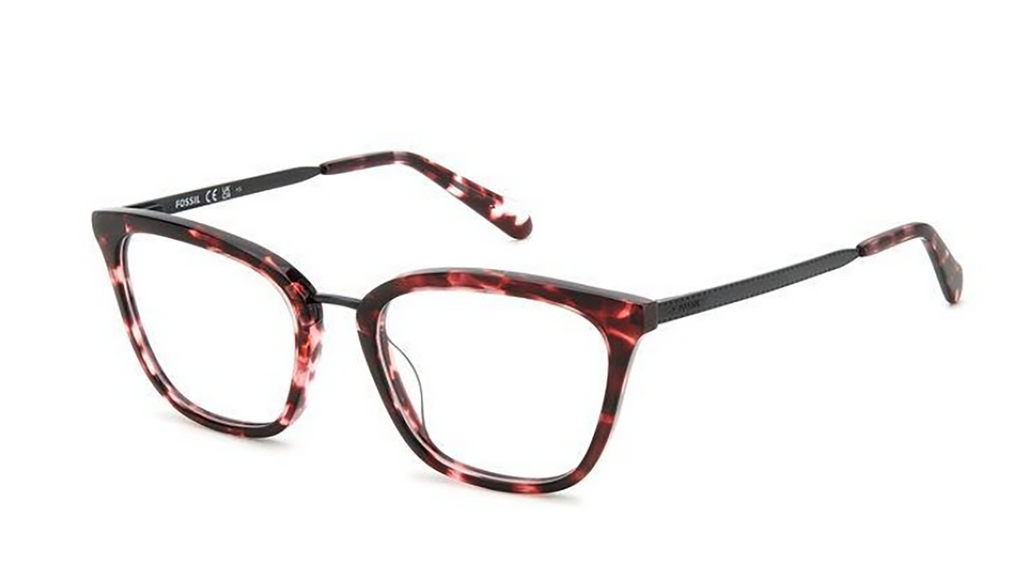A pair of eyeglasses with a dark tortoiseshell acetate frame, featuring a black front rim and temples with a red and black mottled pattern, shown on a plain white background.