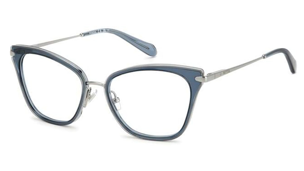 A pair of eyeglasses featuring a translucent slate blue acetate frame with a thin silver metal bridge and temples, shown on a plain white background.