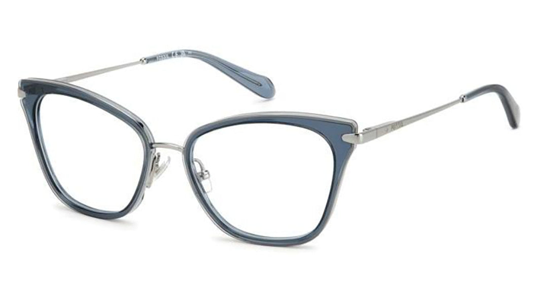A pair of eyeglasses featuring a translucent slate blue acetate frame with a thin silver metal bridge and temples, shown on a plain white background.