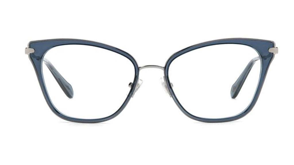 A pair of cat-eye eyeglasses featuring a translucent slate blue acetate frame with silver metal hinges and temples, shown against a plain white background.