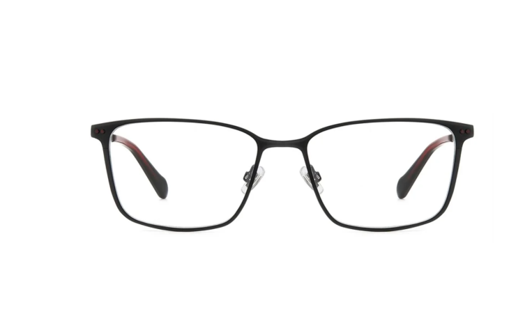 A pair of full-rim eyeglasses with a matte black metal frame and clear lenses, shown from the front on a solid white background.