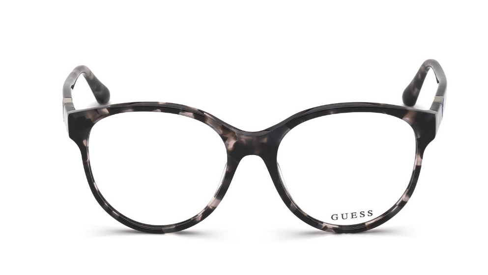 GUESS eyeglasses in a dark brown and black tortoiseshell acetate frame, shown from the front on a white background.