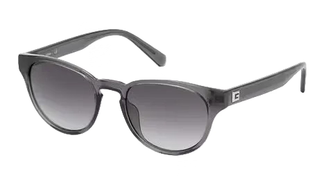Black sunglasses with a brand logo on a white background