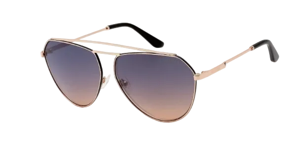 A pair of aviator-style sunglasses with a rose gold double bridge frame, gradient brown lenses, and black temple tips, shown on a light gray background.