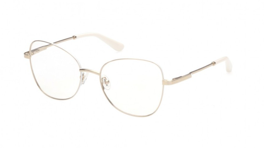 Oversized square metal eyeglass frames with clear lenses and light cream temple tips, shown on a plain white background.
