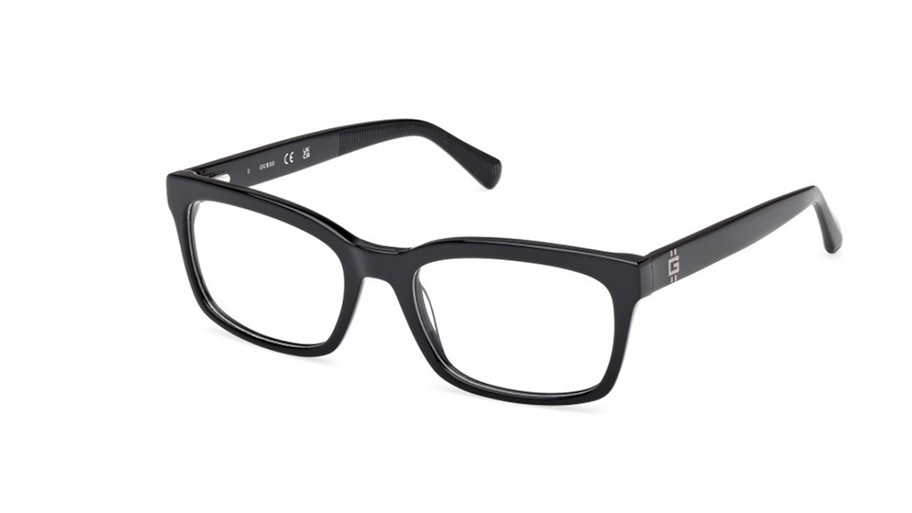 Black acetate eyeglass frames with a rectangular shape and clear lenses, shown from a three-quarters angle on a white background.