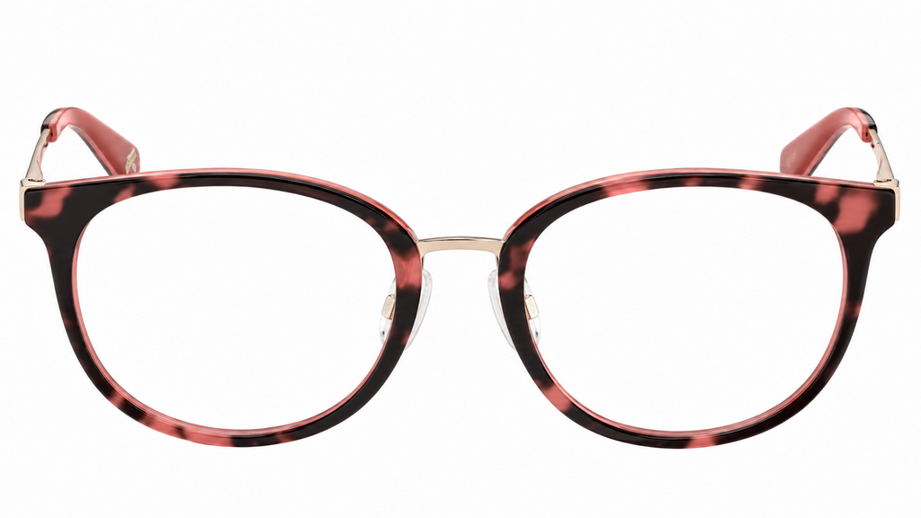 Oversized round eyeglasses with a dark tortoiseshell pattern and rose gold metal rims and temples, shown against a plain white background.