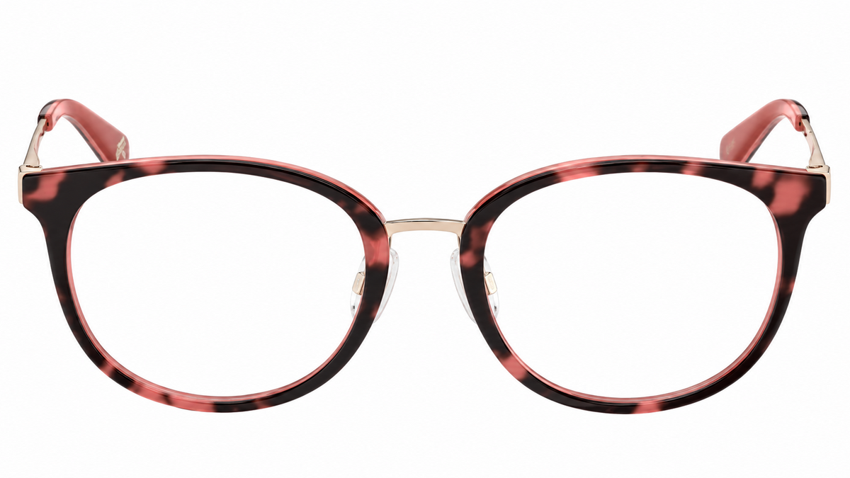 Oversized round eyeglasses with a dark tortoiseshell pattern and rose gold metal rims and temples, shown against a plain white background.