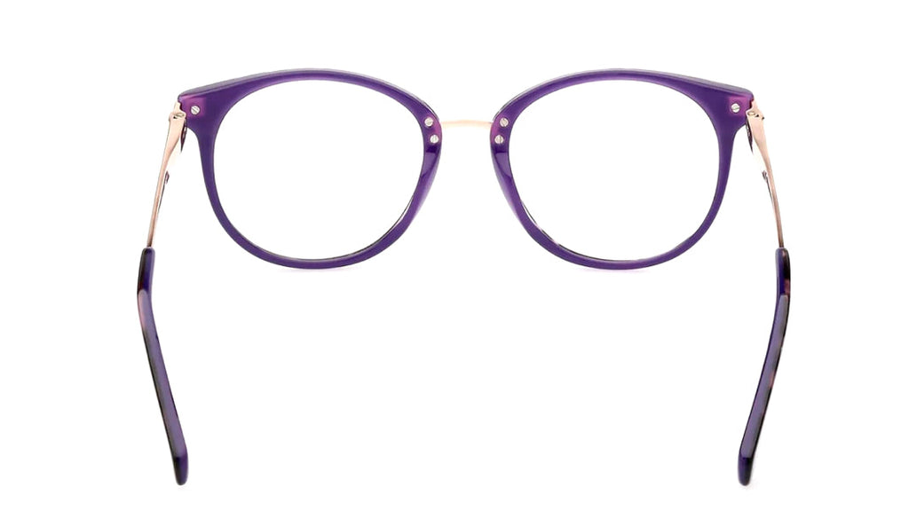 Purple round eyeglass frames with gold metal temples and rivets, shown against a plain white background.