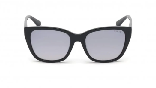 Black cat-eye sunglasses with gray gradient lenses, shown from the front on a white background.