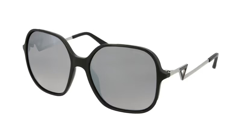Oversized square sunglasses with a thick black frame and silver mirrored lenses, featuring a silver metal temple with a triangular logo accent.