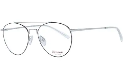 A pair of silver metal aviator-style eyeglasses with clear lenses, featuring a thin double bridge and the 'Hickmann' brand name printed on the lower right lens, set against a plain white background.