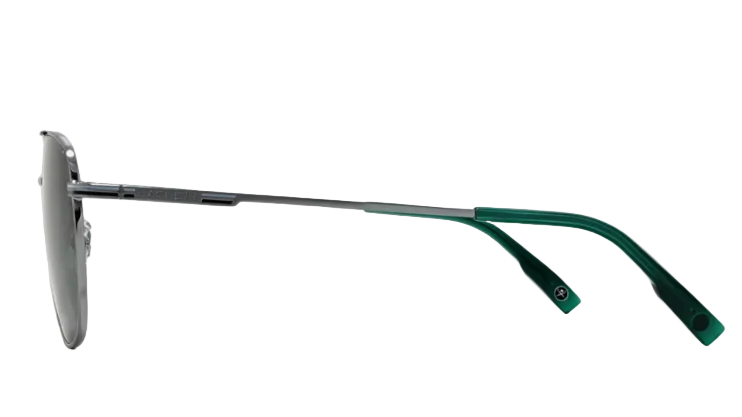 A pair of aviator-style sunglasses shown in side profile on a light gray background. The frames are dark gray metal with translucent dark green temple arms.