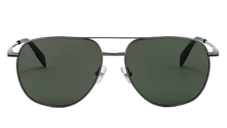 A pair of aviator-style sunglasses with dark green lenses and a thin silver metal frame, shown against a neutral light gray background.