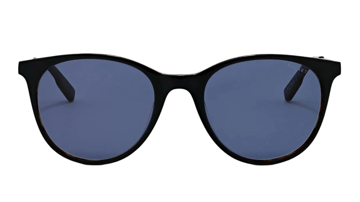 Black sunglasses with blue-gray tinted lenses, shown from the front on a plain white background.