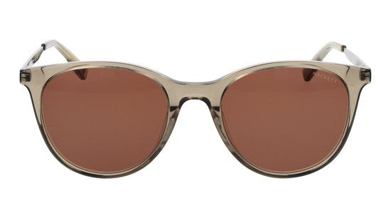 round sunglasses with translucent taupe frames and warm brown lenses, shown from the front on a plain white background.