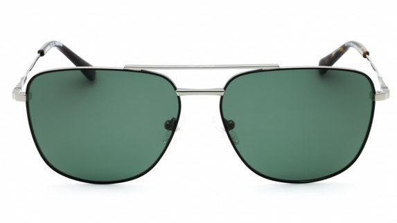 A pair of aviator-style sunglasses with a thin silver metal frame and dark green tinted lenses, shown against a plain white background.