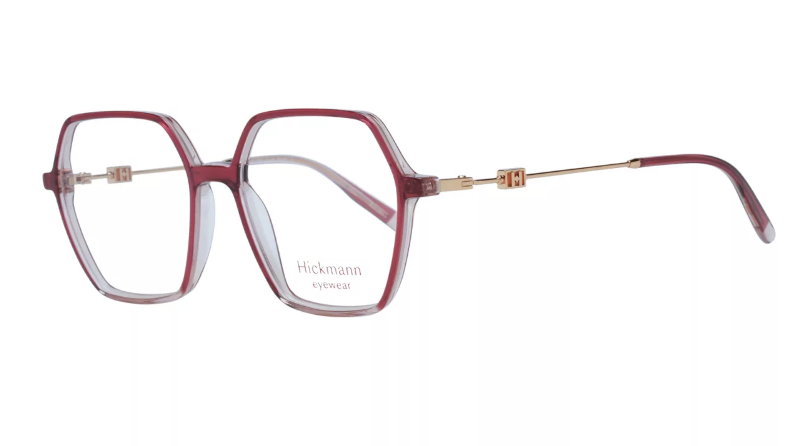 Hickmann eyeglasses in a translucent burgundy acetate with gold metal temples, shown on a plain white background.