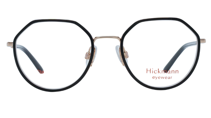  Round eyeglasses with a black acetate frame, gold metal bridge and temples, and clear lenses. The brand name 'Hickmann eyewear' is printed in red on the lower right lens.