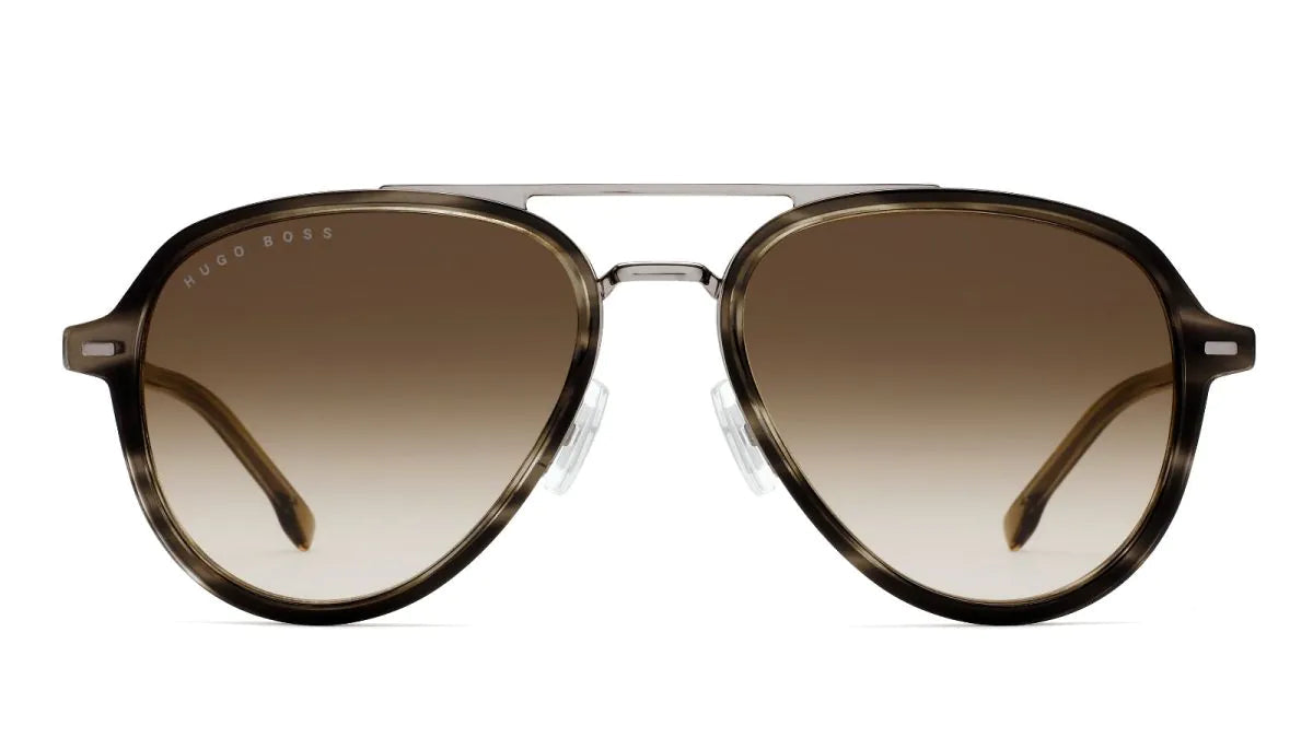 A pair of aviator-style sunglasses with a tortoiseshell frame and brown gradient lenses, featuring the BOSS logo on the upper left frame, set against a plain white background.