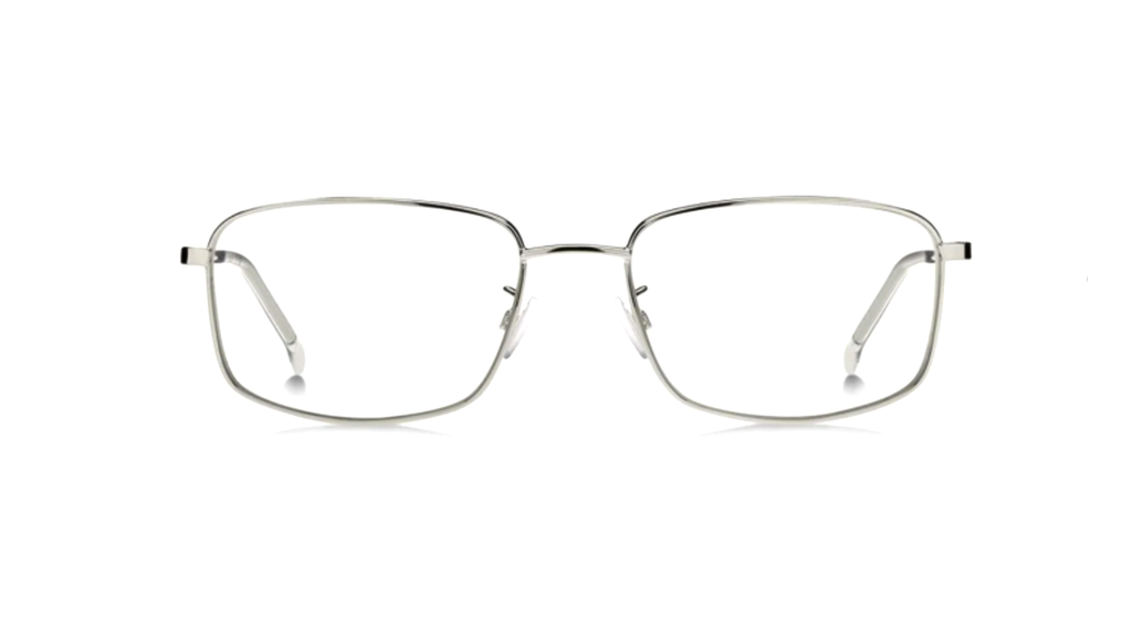 A pair of slim metal eyeglasses with a silver-toned rectangular frame and clear lenses, shown against a plain white background.