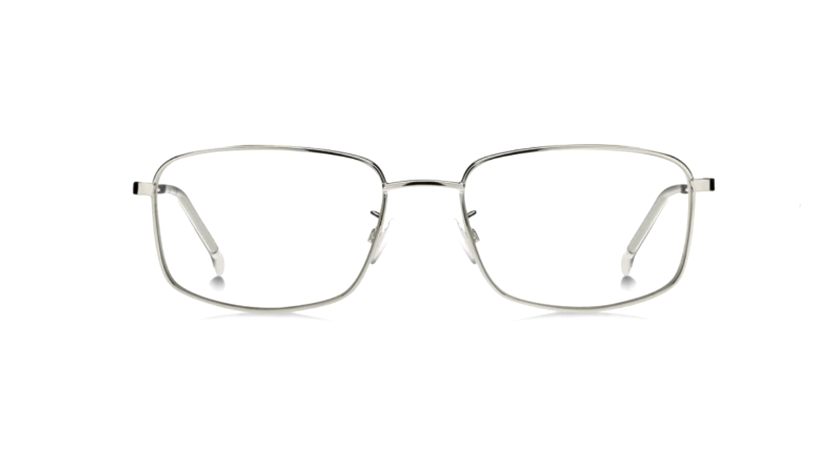 A pair of slim metal eyeglasses with a silver-toned rectangular frame and clear lenses, shown against a plain white background.