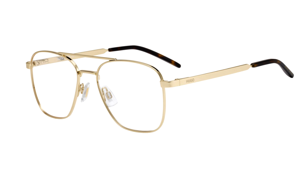 Gold metal aviator-style eyeglasses with clear lenses and dark tortoiseshell temple tips, shown on a plain white background.
