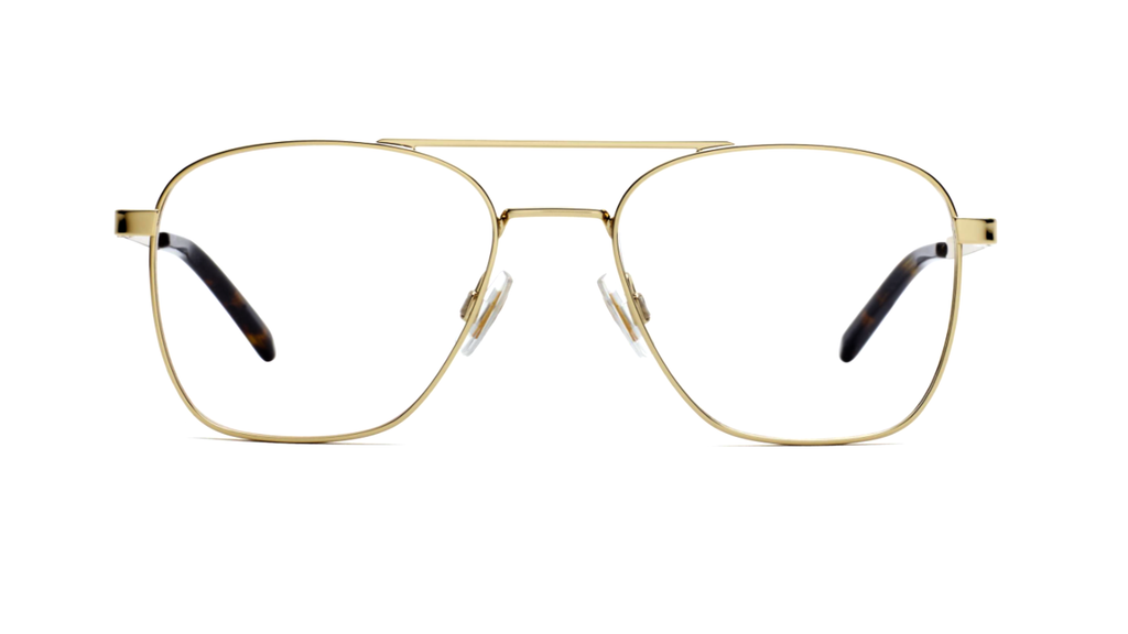 Gold metal aviator-style eyeglasses with a double bridge and clear lenses, shown against a plain white background.