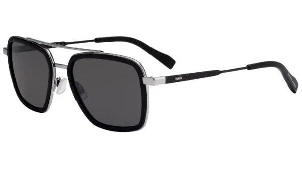Black sunglasses with a brand logo on a white background