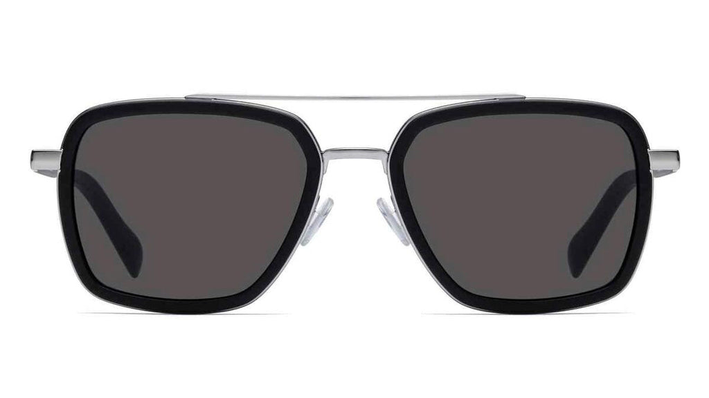 A pair of aviator-style sunglasses with a black acetate frame, dark gray lenses, and a silver metal double bridge and temples, shown against a plain white background.