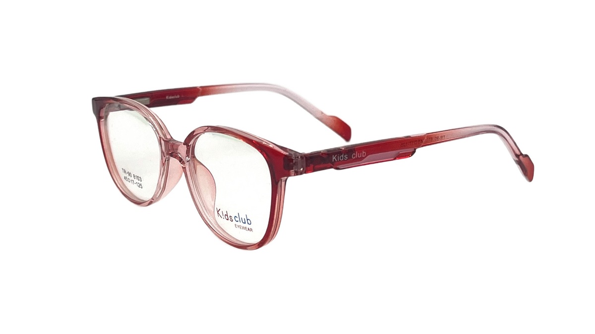 A pair of kids' eyeglasses with a translucent reddish-pink frame and clear lenses, shown on a plain white background. The brand name 'kids club' is printed on the lower left rim.