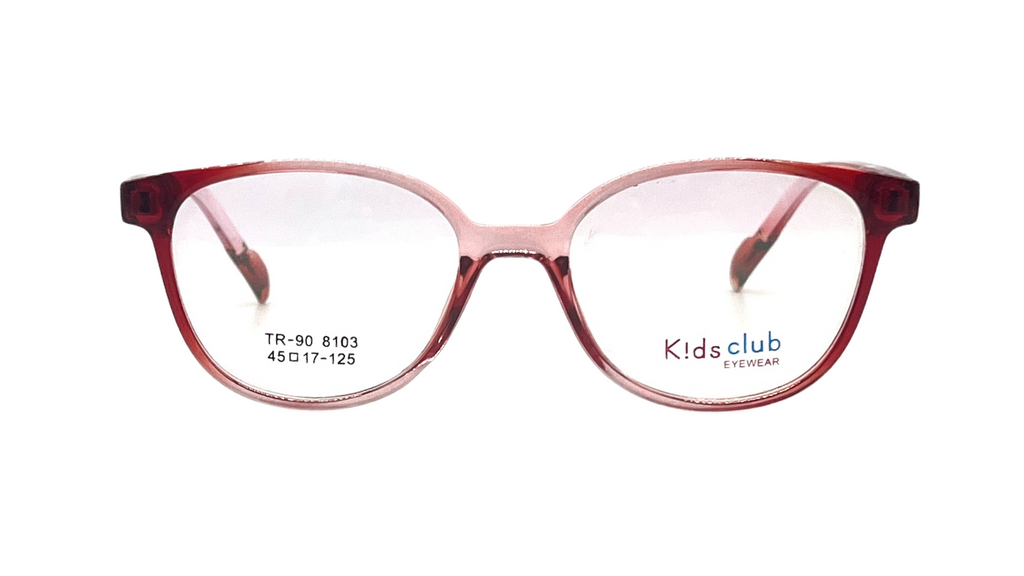 A pair of Kids Club eyeglasses with a translucent reddish-brown cat-eye frame and clear lenses, shown against a plain white background.