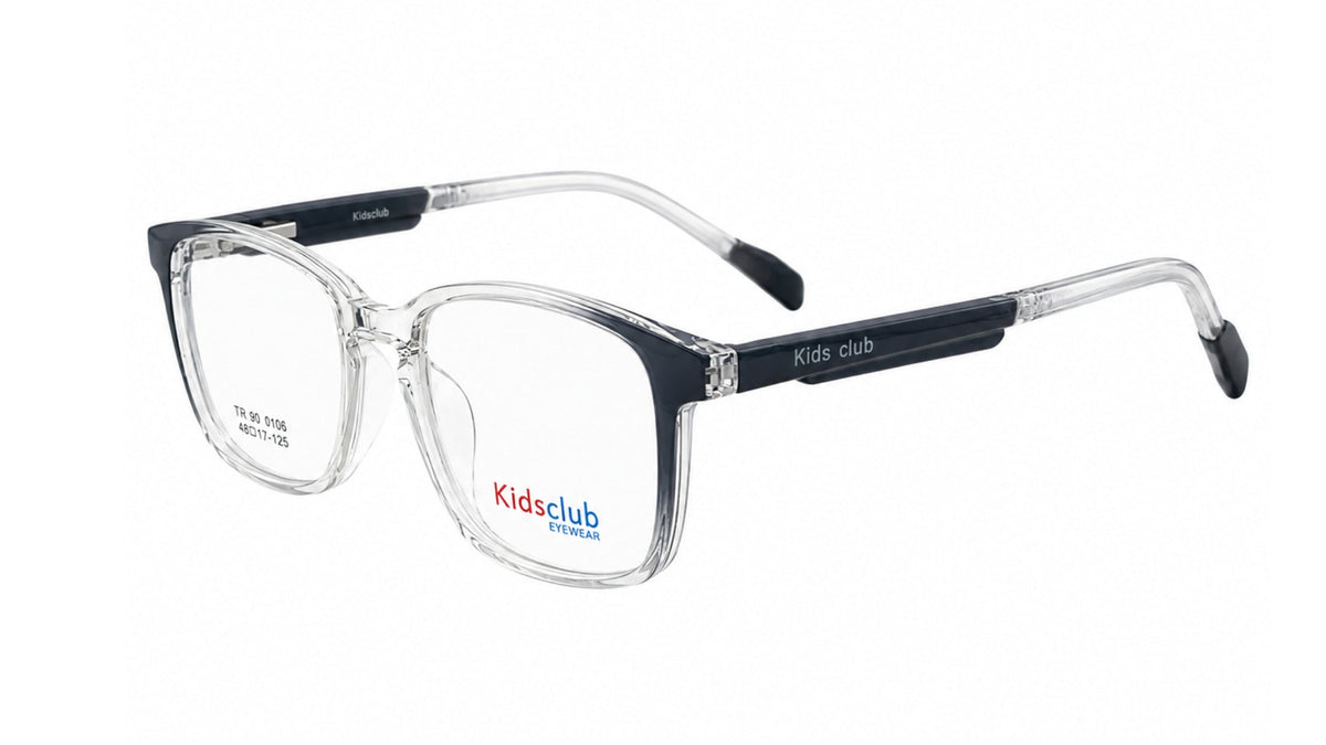 Kids club brand eyeglasses with a clear acetate frame and dark navy blue temples, shown on a plain white background.