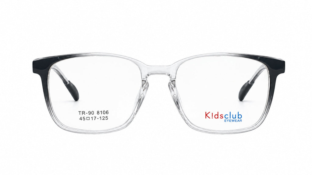 Kidsclub eyeglasses with a clear acetate front and black temples, shown on a plain white background.